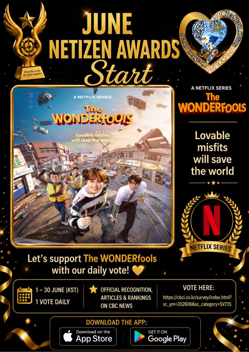 ChaStarLovers's tweet photo. 🚨🏆The WONDERfools está nominado a Drama del Año en los CBCI Netizen Awards 2026.

📅 1 al 30 de junio 2026 (KST)
🗳️ 1 voto diario

💕Apoyemos a #CHAEUNWOO y a The WONDERfools. ¡Cada voto cuenta!

🗳️ *Votación Web*:
https://t.co/BJ4JPCkGbC
 
#TheWONDERfools #CBCINetizenAwards https://t.co/3KWSS7AmHU