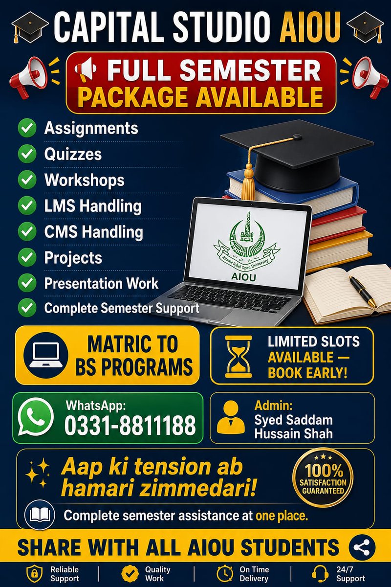 CapitalStudio_'s tweet photo. 🎓 Complete Semester Package Booking Open

اپنا Complete Semester Package آج ہی بک کروائیں اور سمسٹر کی تمام ضروری تعلیمی خدمات ایک ہی جگہ سے حاصل کریں۔ ✅

📌 Limited Seats Available
📌 Early Booking Recommended

📲 WhatsApp Now: 03318811188

CAPITAL STUDIO AIOU https://t.co/rfqzjv2oVX