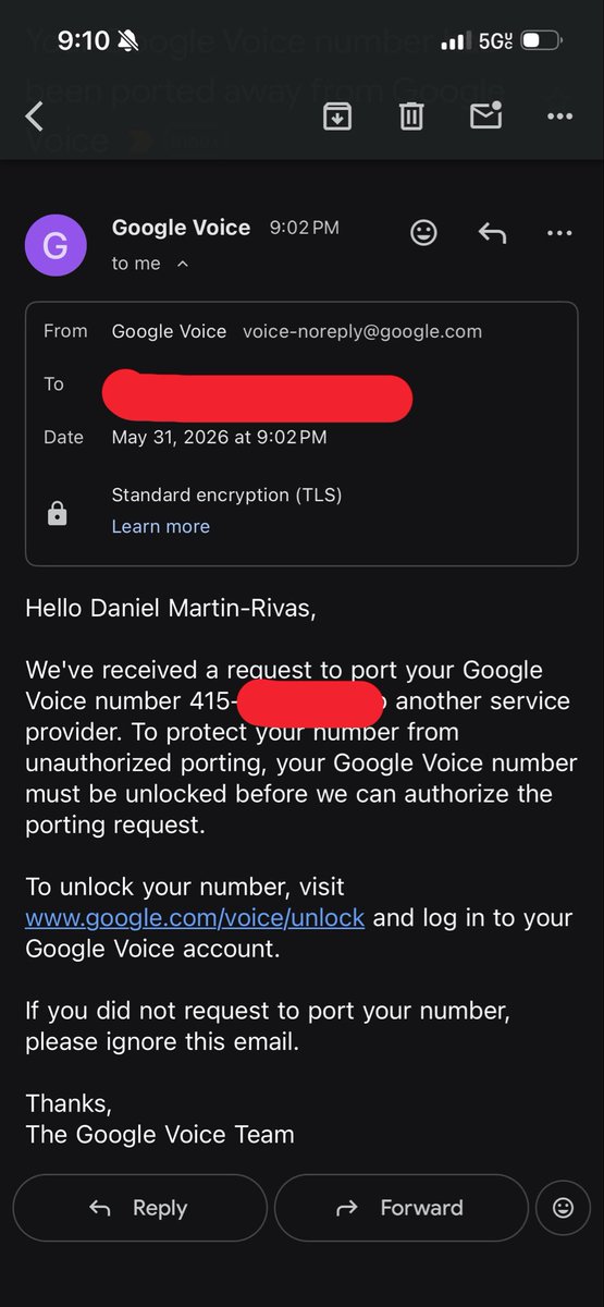 theedanielrivas's tweet photo. @Google Could you tell me how or why I got this email stating that I need to unlock my Google number to have it ported when I’ve been using this number with @MetroPCS for like 2 weeks now? 

Something is highly suspect?! ;) https://t.co/z4HHBy8jYd