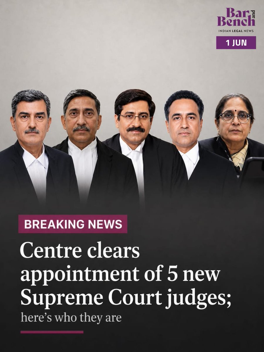 barandbench's tweet photo. Centre clears appointment of 5 new Supreme Court judges; here is who they are

Read here: https://t.co/hkFtQT765Q https://t.co/yVVhegap0L