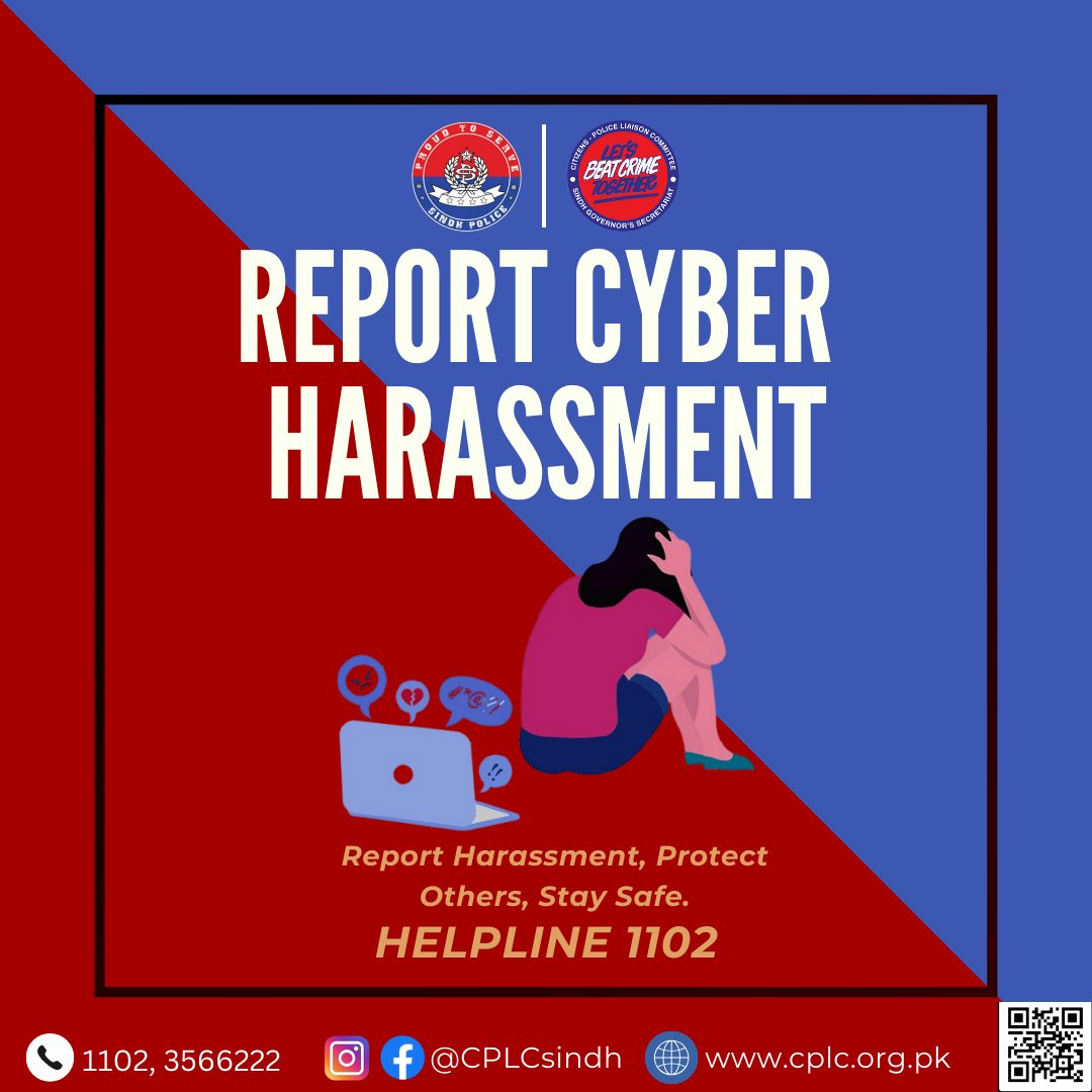 CPLCSindh's tweet photo. Cyber harassment can happen to anyone. If you or someone you know is facing online harassment, don't stay silent. Report it and take a stand. Contact us for any query on our 24 / 7 helpline 1102 or call 021-35682222 

#CPLCSindh #ReportHarassment #CyberHarassment #StopCyberAbuse https://t.co/4oOTmWFGeW