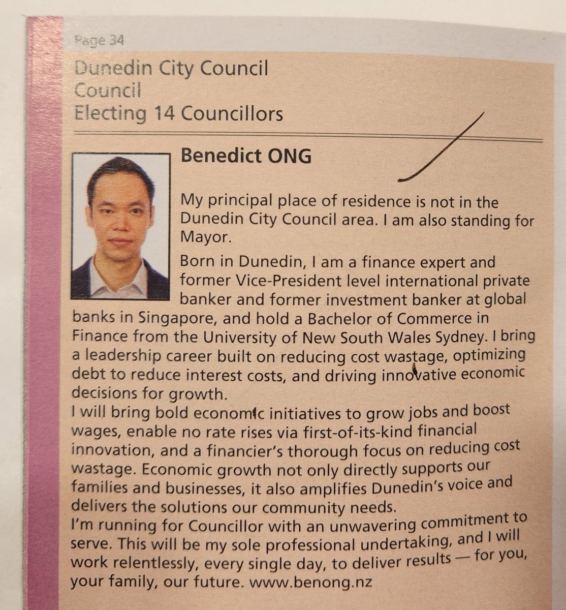 MalMoncrief's tweet photo. There is now confusion about whether Dunedin City  Councillor @CrBenedictOng was born in Dunedin, New Zealand or not.
Cr Ong's profile statement for the 2025 election and elsewhere said "Born in Dunedin", but Cr Ong is now saying Dunedin is his hometown and not birthplace, in response to a Spinoff article by Tara Ward. Ward's article does not use the word "birthplace", but does have "The Dunedin-born former investment banker moved back to the city in June last year, and immediately began his campaign to run for both mayor and council" and "One of Ong’s early campaign ads states that he was born in Dunedin and raised in Sydney and Malaysia, and earned a bachelor of commerce from the University of New South Wales."  In a response to Tara War's Spinoff article on Facebook, Cr Ong has written "When you return as I did to our hometown (not birthplace as you describe please Ms Ward, we are both proficient in subtlety of adjective choices, and the subtlety and nuances of Proud Dunedinites) [. . .]" In the comments to his post, Cr Ong writes "there have indeed been specific Elected Member(s) (and their proxies that stood unsuccessfully), that propagate a fake “birther” conspiracy theory against me, immediately after the October result and still do." Has Cr Ong now joined the conspiracy theorists, who presumably thought Cr Ong was not born in Dunedin, in contradiction to his electoral statements that he was "Born in Dunedin". https://t.co/7etm41jm3Q