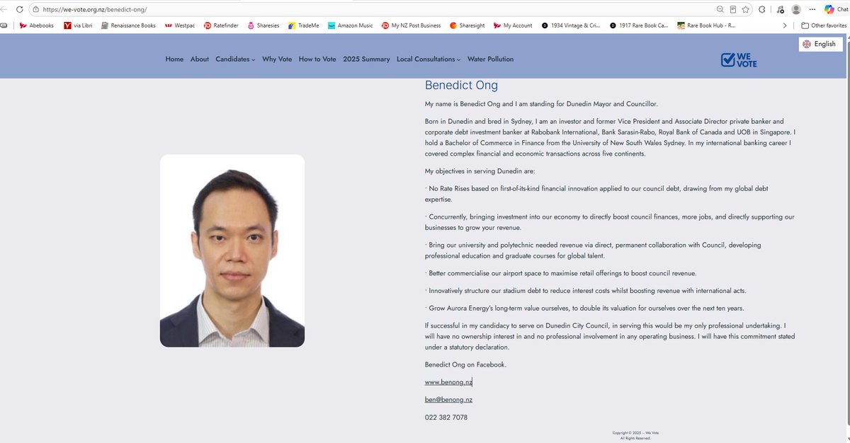 MalMoncrief's tweet photo. There is now confusion about whether Dunedin City  Councillor @CrBenedictOng was born in Dunedin, New Zealand or not.
Cr Ong's profile statement for the 2025 election and elsewhere said "Born in Dunedin", but Cr Ong is now saying Dunedin is his hometown and not birthplace, in response to a Spinoff article by Tara Ward. Ward's article does not use the word "birthplace", but does have "The Dunedin-born former investment banker moved back to the city in June last year, and immediately began his campaign to run for both mayor and council" and "One of Ong’s early campaign ads states that he was born in Dunedin and raised in Sydney and Malaysia, and earned a bachelor of commerce from the University of New South Wales."  In a response to Tara War's Spinoff article on Facebook, Cr Ong has written "When you return as I did to our hometown (not birthplace as you describe please Ms Ward, we are both proficient in subtlety of adjective choices, and the subtlety and nuances of Proud Dunedinites) [. . .]" In the comments to his post, Cr Ong writes "there have indeed been specific Elected Member(s) (and their proxies that stood unsuccessfully), that propagate a fake “birther” conspiracy theory against me, immediately after the October result and still do." Has Cr Ong now joined the conspiracy theorists, who presumably thought Cr Ong was not born in Dunedin, in contradiction to his electoral statements that he was "Born in Dunedin". https://t.co/7etm41jm3Q