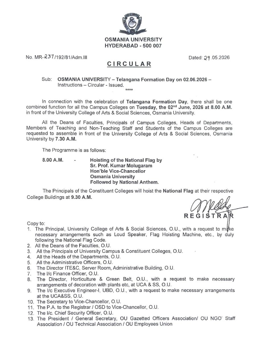 OU_Updates's tweet photo. Osmania University (OU) Circular - Telangana Formation Day on 02-06-2026 Instructions @ https://t.co/pYz3zukZYi https://t.co/dvi3sIdz9B