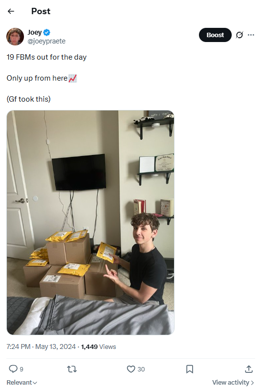 joeypraete's tweet photo. From packing FBM orders out of my bedroom in 2024.

To two years later doing $375k in my last 30d on Amazon.

Where I operate fully remote - never touching product, with a team of 5 VA's, and 400% growth compared to 2025.

Amazon Online Arbitrage changed my life. 

Scalable systems, team building, and long-term thinking changed my trajectory.

Now I'm teaching others my same model, whether you are starting out or scaling your own Arbitrage business.

Comment or DM “OA” and I’ll send the details.