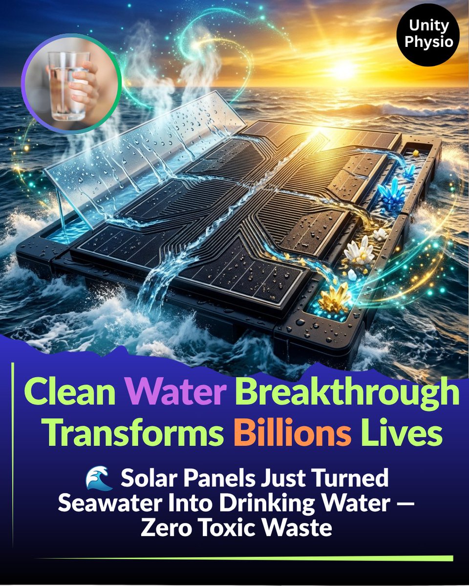 unityphysio1's tweet photo. 🌊 Scientists at University of Rochester just built solar panels that turn seawater into drinking water with zero toxic brine — tested across three oceans. Bonus discovery — the leftover salts contain lithium for EV batteries. Clean water and clean energy solved together. ⚡🔬 https://t.co/DiZuy0RB1W