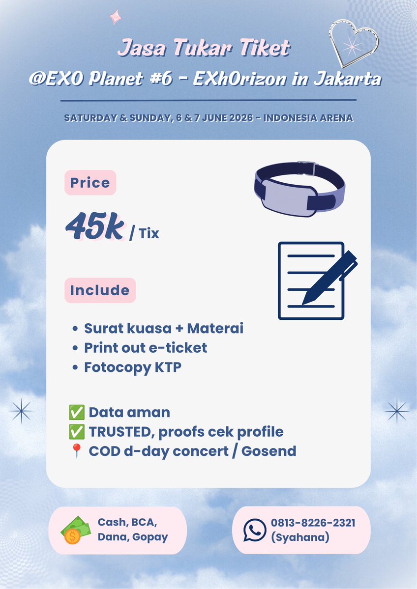 dinuhwan's tweet photo. OPEN JASA TUKAR TIKET EXO IN JAKARTA

💵 45k / tix

include:
📝 surat kuasa + materai
🖨️ print out e-ticket
🪪 fotocopy KTP

❗️TRUSTED, proofs below
❗️data secure
📍cod on concert day / gosend

.planet exhorizon tuker wristband jastip https://t.co/AABoMdllTn