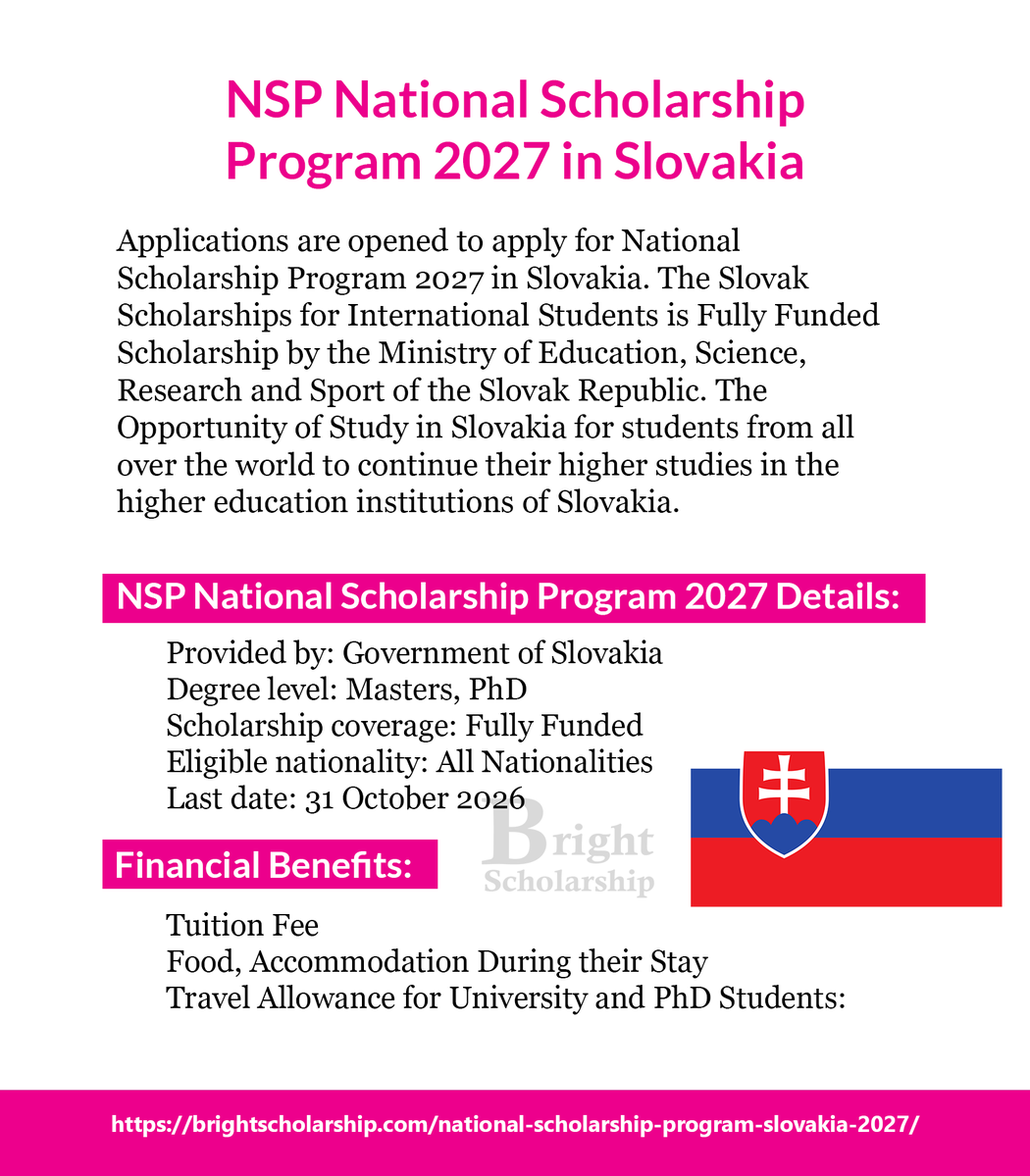 BrightSship's tweet photo. NSP National Scholarship Program 2027 in Slovakia (Fully Funded)

Degree level: Masters, PhD
Eligible nationality: All Nationalities
Last date: 31 October 2026

Apply Link: https://t.co/evGMKw9QgN

#BrightScholarship #FullyFunded #Scholarship #Slovakia #Students https://t.co/vzZ5bt2unu