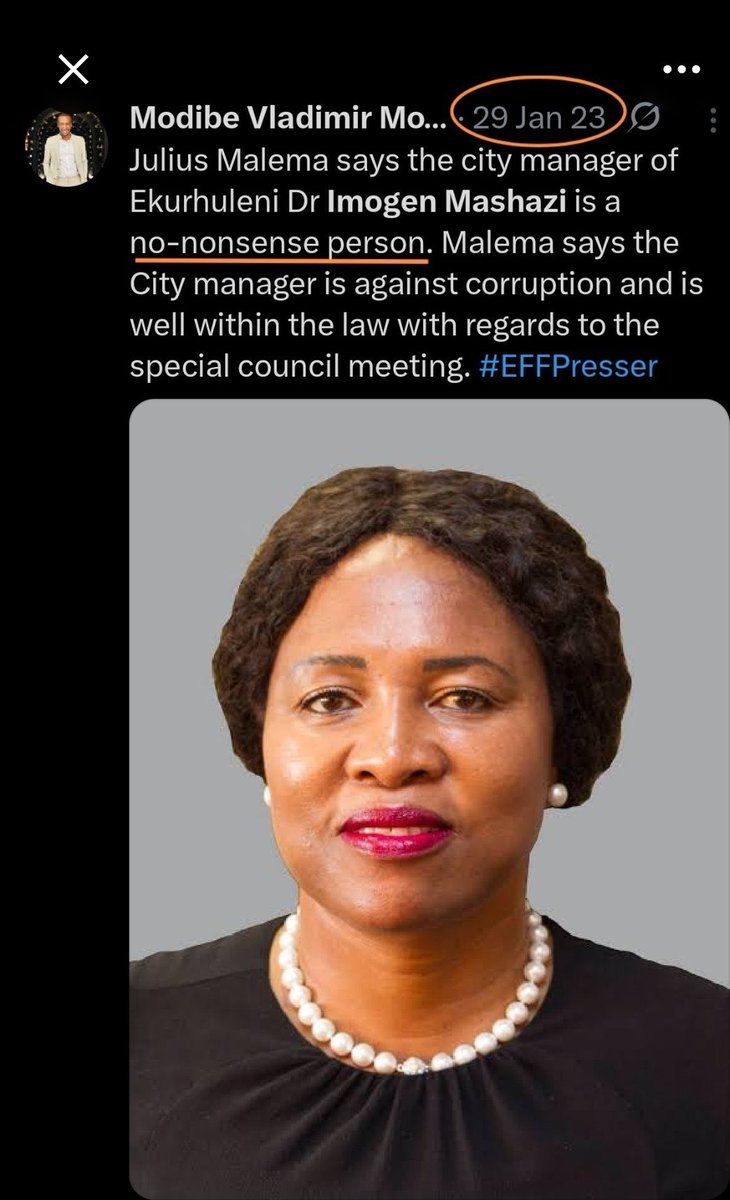 MediaZaban865's tweet photo. As recent as 2023, Malema believed #ImogenMashazi was the "it"? 🤦🏿

So we must now live with the reality that for two full terms, leaders and Cllrs in Ekurhuleni could not intercept the rot around Imogen Mashazi, instead they kept heaping praise on her because… what was in it for them to keep Mashazi wrecking havoc there!

Aowa!