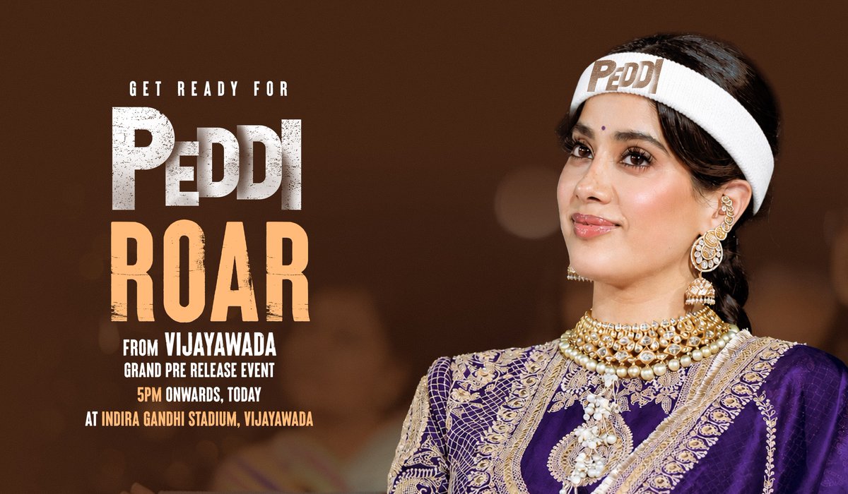 PeddiMovieOffl's tweet photo. Your feed will be #PEDDIfied from today ❤️‍🔥 We're officially in the #PEDDI Week 💥💥

#Peddi ROAR FROM VIJAYAWADA - Grand pre-release event today from 5 PM onwards at Indira Gandhi Stadium, Vijayawada ❤‍🔥

▶️ https://t.co/6hR6LQ0JIP

#PEDDI https://t.co/Rcw6QEsaFr