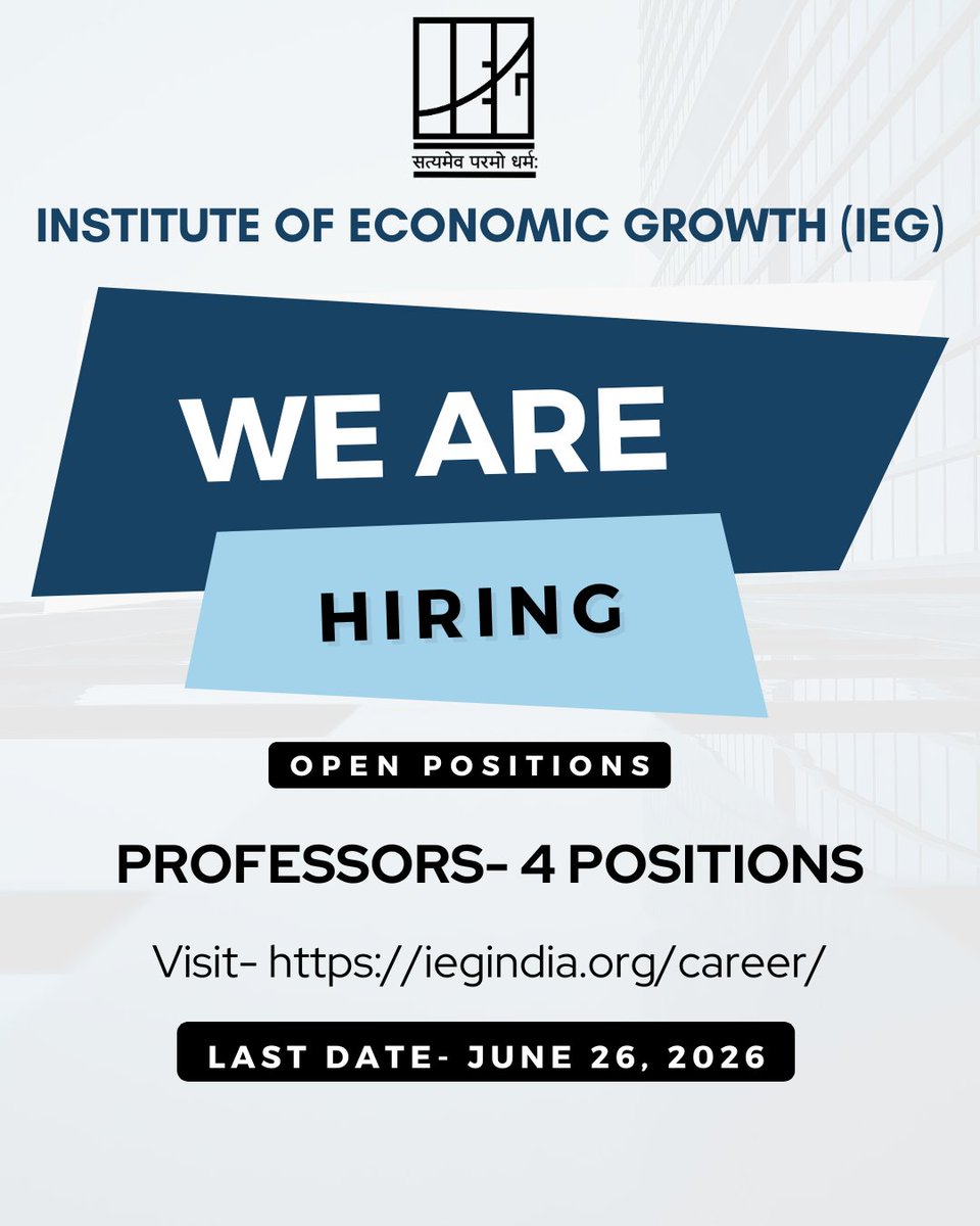 IEGResearch's tweet photo. We are Hiring!
Applications Open: 4 Professor Positions

Be part of a premier economics research institution 

Apply before the deadline: https://t.co/bGLgfUedyj
@Sabya_K 

#HiringNow #ProfessorJobs #Research #Economics

Visit- https://t.co/bGLgfUedyj https://t.co/acfK7SagBd