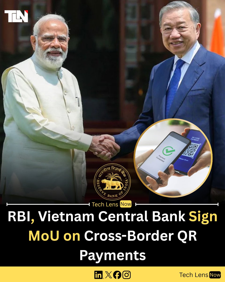 TechLensNow's tweet photo. RBI and the State Bank of Vietnam have signed an MoU on financial innovation and digital payments.

The agreement focuses on cross-border QR code-based merchant payments, real-time processing, and payment system connectivity between India and Vietnam.

Follow @TechLensNow for more tech updates

#DigitalPayments