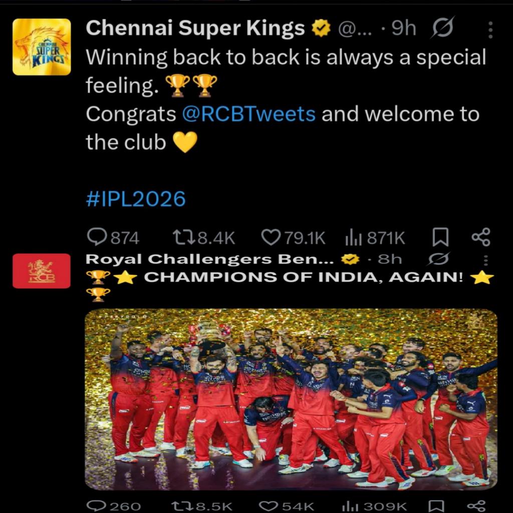 Itz_Bl3ze's tweet photo. No way CSK's congratulatory tweet got more likes than RCB's trophy winning tweet. 😭😭😭 https://t.co/QbgOEJ9UH8