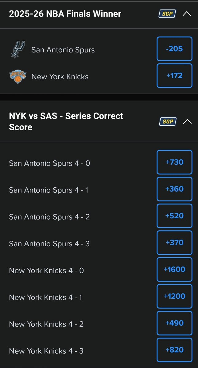 TPJ187's tweet photo. Quick #NBAFinals takes

Knicks in Six - when is rhyming ever wrong? I don't want to hear it

Why take +172 for Knicks to win the series when Brunson is +210 MVP (&amp; OG is +6000 😮)?!

Spurs are emotionally spent after the last series - Knicks take game 1
#NYKvsSAS #StiefsBeliefs https://t.co/T7vz4FjhH5