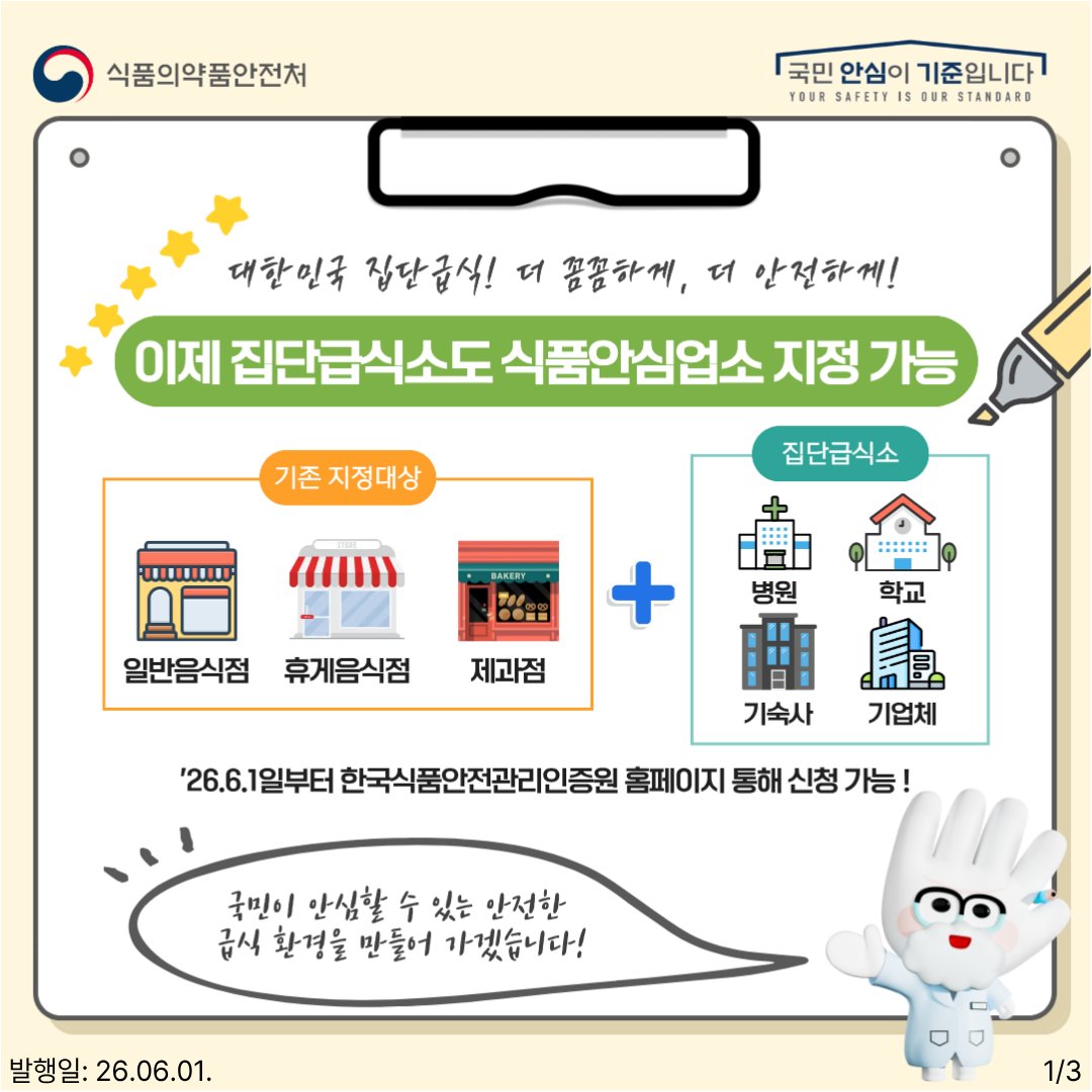 TheMFDS's tweet photo. 집단급식소 식품안심업소 지정 본격 시행!

식품위생법 개정에 따라 
2028년부터 집단급식소도 식품안심업소로 확대예정이나, 
적극행정으로 2026년 6월부터 집단급식소까지 
식품안심업소 지정 대상을 확대 합니다.

국민이 안심할 수 있는 안전한 급식 환경을 만들기 위해
많은 관심과 참여 부탁드립니다!😊

#식약처 #식품의약품안전처 #식중독 
#식중독예방 #식품안전 #식품안심업소 #집단급식소