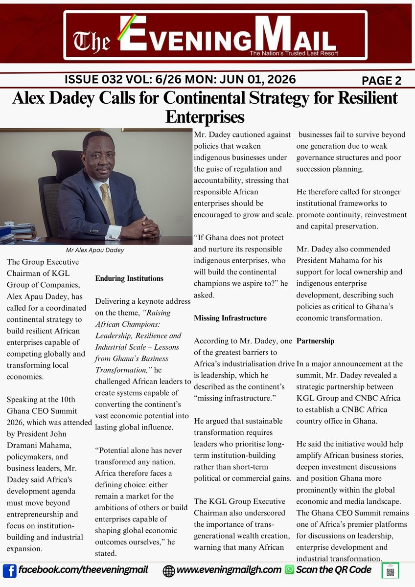 eveningmailgh's tweet photo. The Evening Mail Newspaper
(https://t.co/InK6XCQplj)
 MONDAY: JUNE 01, 2026
ISSUE 032 VOL: 6/26 

* Alex Dadey Calls for Continental Strategy for Resilient Enterprises
* Transport Fares Up 20%

Follow us on https://t.co/Ttea24pmUl 

#EveningMailGH 
#NewsYouCanTrust https://t.co/tiOEqYCkvs