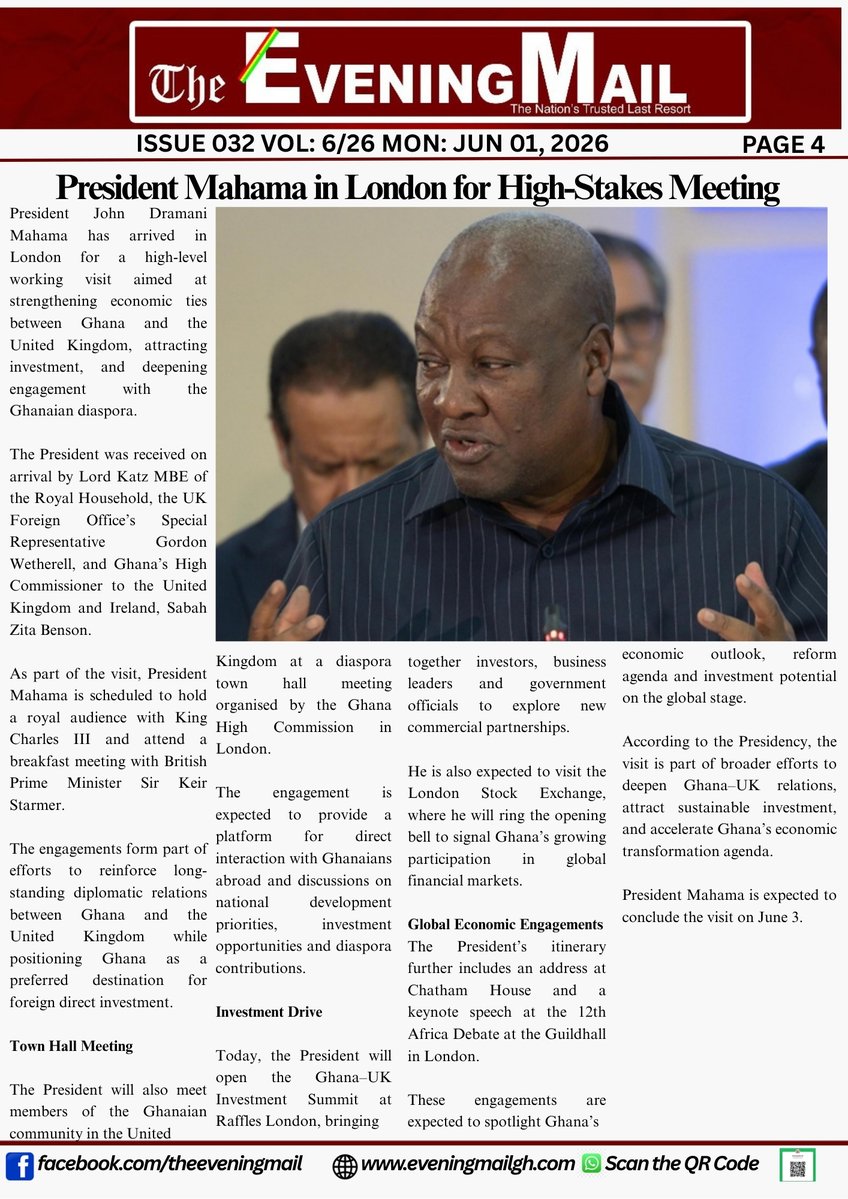 eveningmailgh's tweet photo. The Evening Mail Newspaper
(https://t.co/InK6XCQplj)
 MONDAY: JUNE 01, 2026
ISSUE 032 VOL: 6/26 

* Alex Dadey Calls for Continental Strategy for Resilient Enterprises
* Transport Fares Up 20%

Follow us on https://t.co/Ttea24pmUl 

#EveningMailGH 
#NewsYouCanTrust https://t.co/tiOEqYCkvs