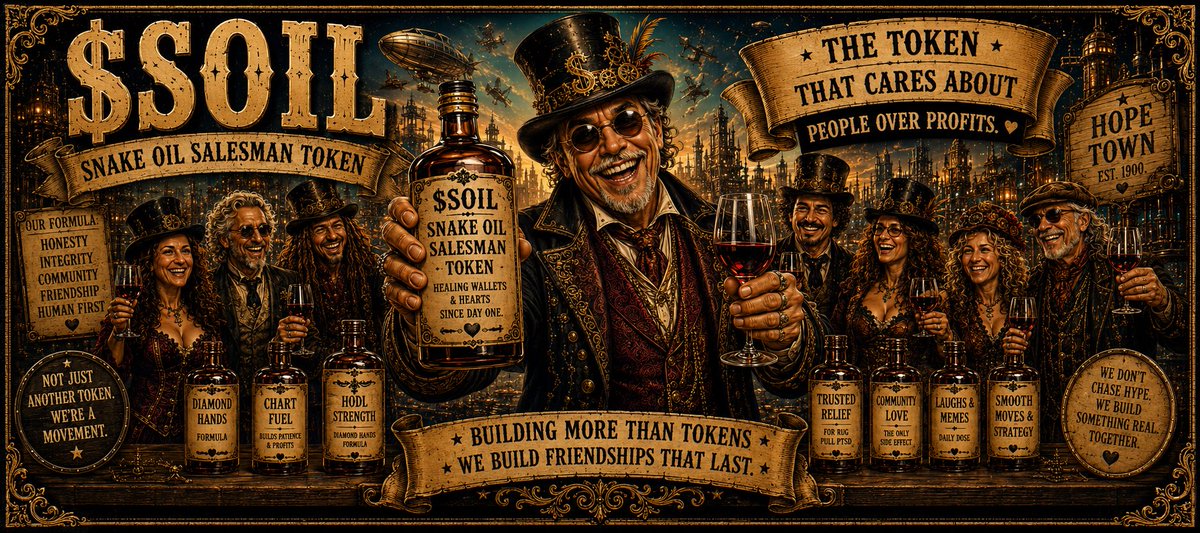 Snakeoil26's tweet photo. Have you got yourself a load of $SOIL yet?
Or are you still out there collecting rug pulls?
We're a bunch of Gen Xers who've seen enough snake oil salesmen to last a lifetime.
No bullshit. No fake gurus. No nonsense.
Just mates, memes, laughter, and a community that gives a damn.
🏡 Welcome to Hope Town. 🤝 Human first. 🍷 Wine optional (but encouraged).

DvRqC8rbxaFPEz2VdaZ5QMp4VVbi6TFFrusGvhe9pump

$SOIL — Healing Wallets & Hearts Since Day One.