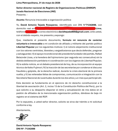 DavidTejada_R's tweet photo. Tras haberme enterado en cadena nacional (en pleno debate presidencial) sobre la súbita incorporación de @BelaundeRafael al equipo técnico de Keiko Fujimori, comunico mi renuncia irrevocable a @lpopularpe. Dos años y un mes de mi vida dediqué a la militancia, aquí los 5 motivos: https://t.co/YzLBckOBbm