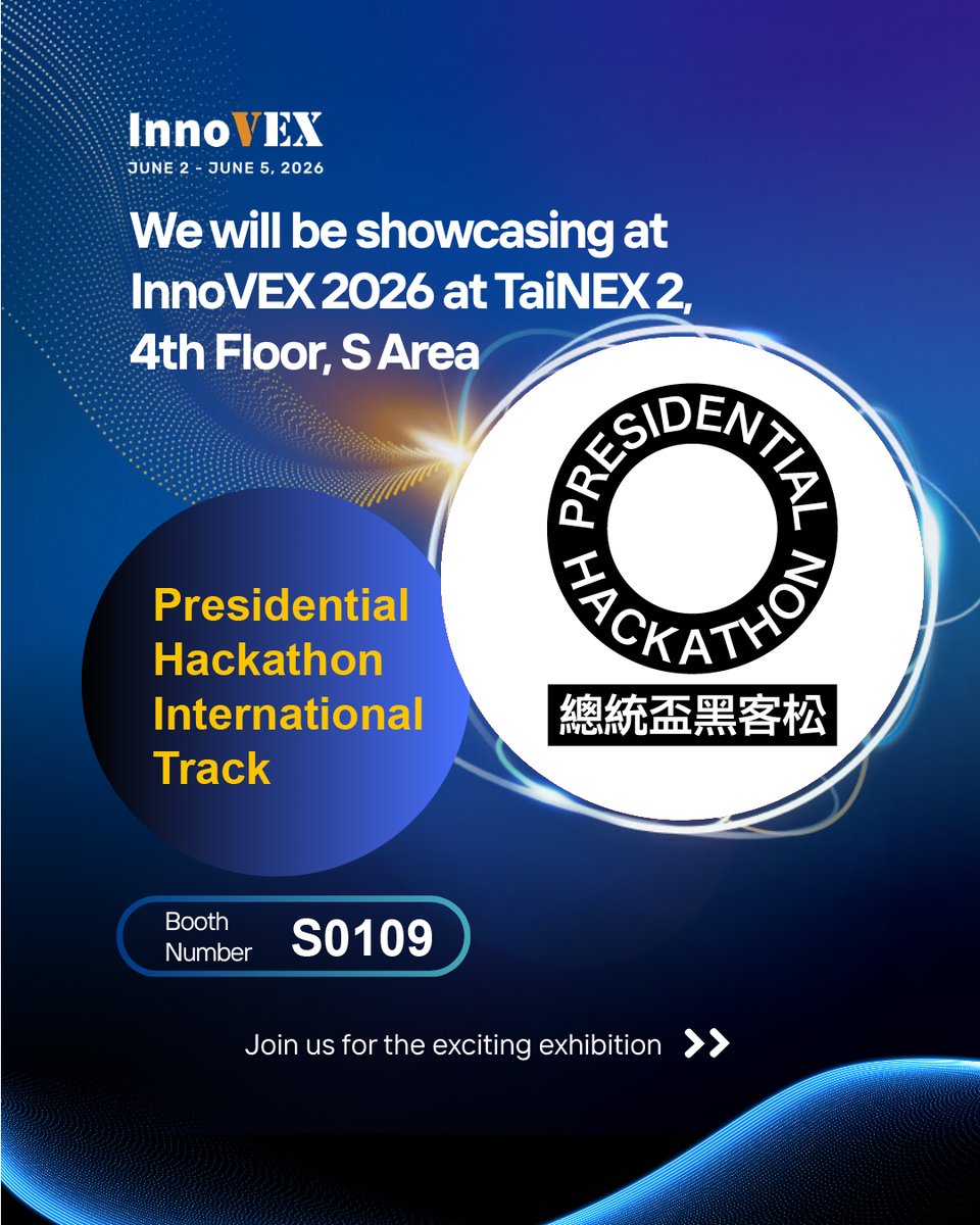 TaiwanHackathon's tweet photo. 🚀 總統盃黑客松國際松 InnoVEX 開展啦！

今年我們在 S0109 等你來玩！✨️

🔎想知道如何運用AI與數位科技解決公共議題，打造共好的未來嗎？

歡迎來攤位找我們聊聊，也一起認識總統盃黑客松國際松及卓越團隊的提案 🌍✨

📍 展覽地點｜南港展覽館���館 4F 
🚩 攤位號碼｜InnoVEX S0109
🗺️ 展場平面圖｜https://t.co/wDjFF91lI0

📢快來找我們，一起用創意與科技打造更美好的未來！
----------------------------------------------------------
🚀 The Presidential Hackathon International Track is now open at InnoVEX!

Come visit us at Booth S0109 this year! ✨

🔎 Curious about how AI and digital technologies can help solve public challenges and build a more inclusive future?

Stop by our booth to learn more about the Presidential Hackathon International Track and The Team of Excellence. 🌍✨

📍 Venue｜4F, Taipei Nangang Exhibition Center, Hall 2
🚩 Booth｜InnoVEX S0109
🗺️ Floor Plan｜https://t.co/wDjFF91lI0

📢 Come meet us and discover how creativity and technology can help shape a better future for all!

#PresidentialHackathon #InternationalTrack #InnoVEX #DigitalInclusion #InTheAIEra #S0109
#總統盃黑客松 #國際松 #InnoVEX #數位共好 #打造AI新未來 #S0109