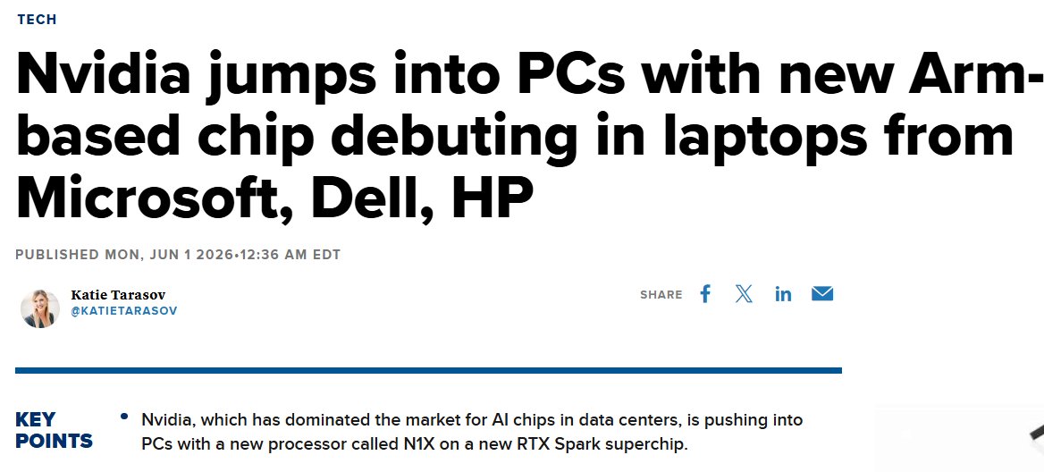 TSimonts's tweet photo. $NVDA gooit nog wat meer olie op het semiconductor-vuur. Wordt naast de klassieke GPU's ook actief in de CPU's #N1X https://t.co/GW2YLTH76E
