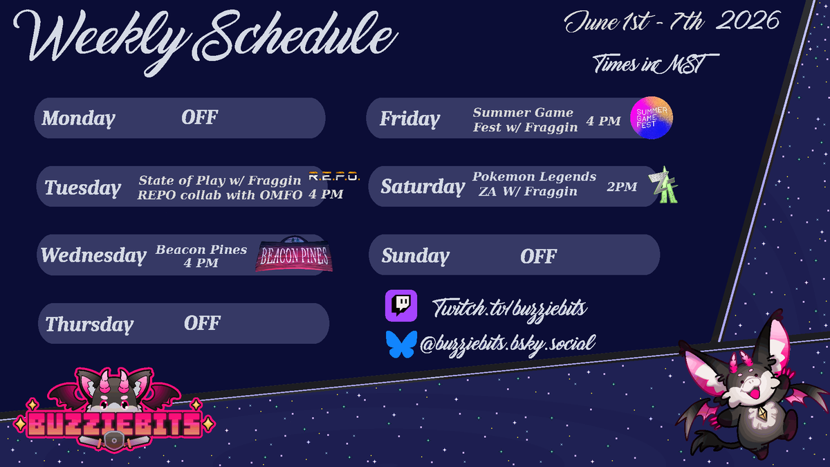 buzziebits's tweet photo. Busy week at the beginning of June! Monday I will be on @FragginGamin stream for some of The Executive along with everything on my schedule here. 
See you all soon!
#schedule #vtuber #streaming #twitch https://t.co/paZlXHYzMi