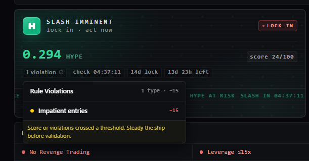Griffith100x's tweet photo. Been working on this solo project for a while 
  
its a protocol for hyperliquid traders (dex) it enhances discipline : 
>Users stake assets on hyperEVM currently thats $HYPE (its a native token) 
>Users enforce discipline by commiting to certain sets of rules. 
>If they follow and maintain streaks they get points >points are converted to rewards accumulated from protocol's fees and revenue 
>80% of the fees are allocated to future rewards means the most disciplined traders gain more 20% to the team and infra cost.  Stake hype
>commit to rules and maintain discipline and streak
>follow rules and earn rewards
> violate rules and loose your stakes  

What it does is it helps reduce ur gambling habits on perps trading, basically a discipline layer for hyperliquid traders.

just need an honest opinion should i continue making  this or is a complete waste of time and i should abondon it.