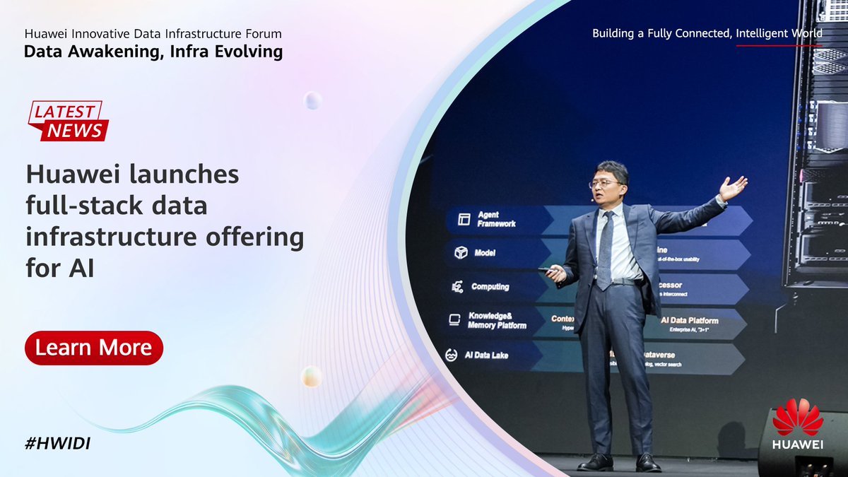 IT_Huawei's tweet photo. As the AI race enters a new phase—where data is the real differentiator—Huawei launched the full-stack #DataInfrastructure solution for AI data centers at #HWIDI 2026, combining ultra-dense storage, scalable inference acceleration, and next-generation memory architecture.

As Yuan Yuan, Huawei's VP and President of the Data Storage Product Line, said: "The next chapter of AI is data." And that chapter is being written faster than ever before. Read more from Data Center Dynamics: https://t.co/LtNqBOfZKy

#HuaweiFacts #HuaweiStorage #DataAwakening #InfraEnvolving