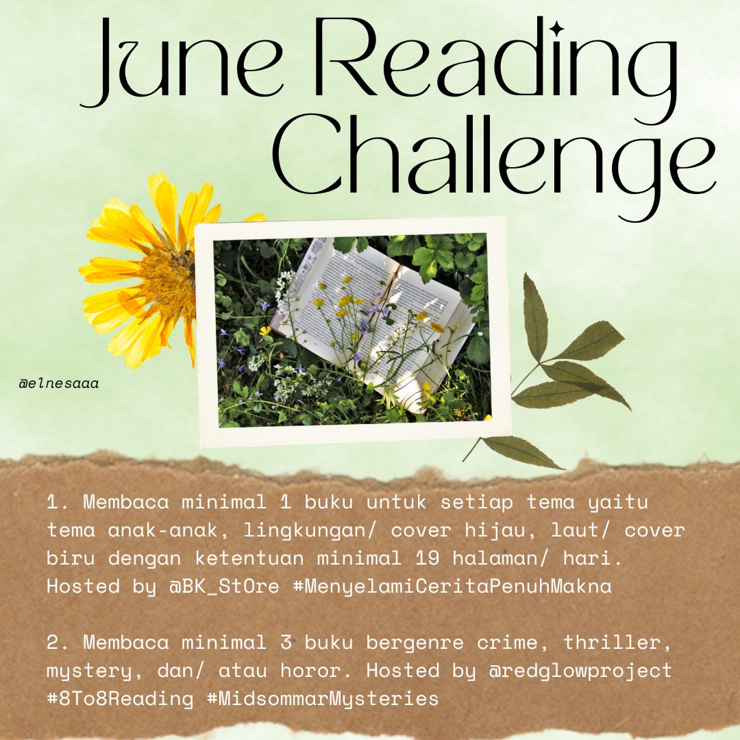 elnesaaa's tweet photo. 📚 June Reading Challenge

Goals: 
1. Min 1 buku setiap tema yaitu anak-anak, lingkungan/ hijau, laut/ biru. Hosted by @BK_St0re #MenyelamiCeritaPenuhMakna

2. Min 3 buku bergenre crime, thriller, mystery, dan horor. Hosted by @redglowproject #8To8Reading #MidsommarMysteries https://t.co/DvASf8MACk