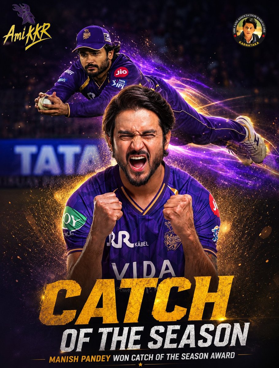 Srk_bangalore's tweet photo. One moment. One leap. One unforgettable catch. 💜🔥

Manish Pandey takes home the Catch of the Season award! 🏆

@im_manishpandey @KKRiders

#AmiKKR #KKR #KorboLorboJeetbo https://t.co/Gya1GquNJZ
