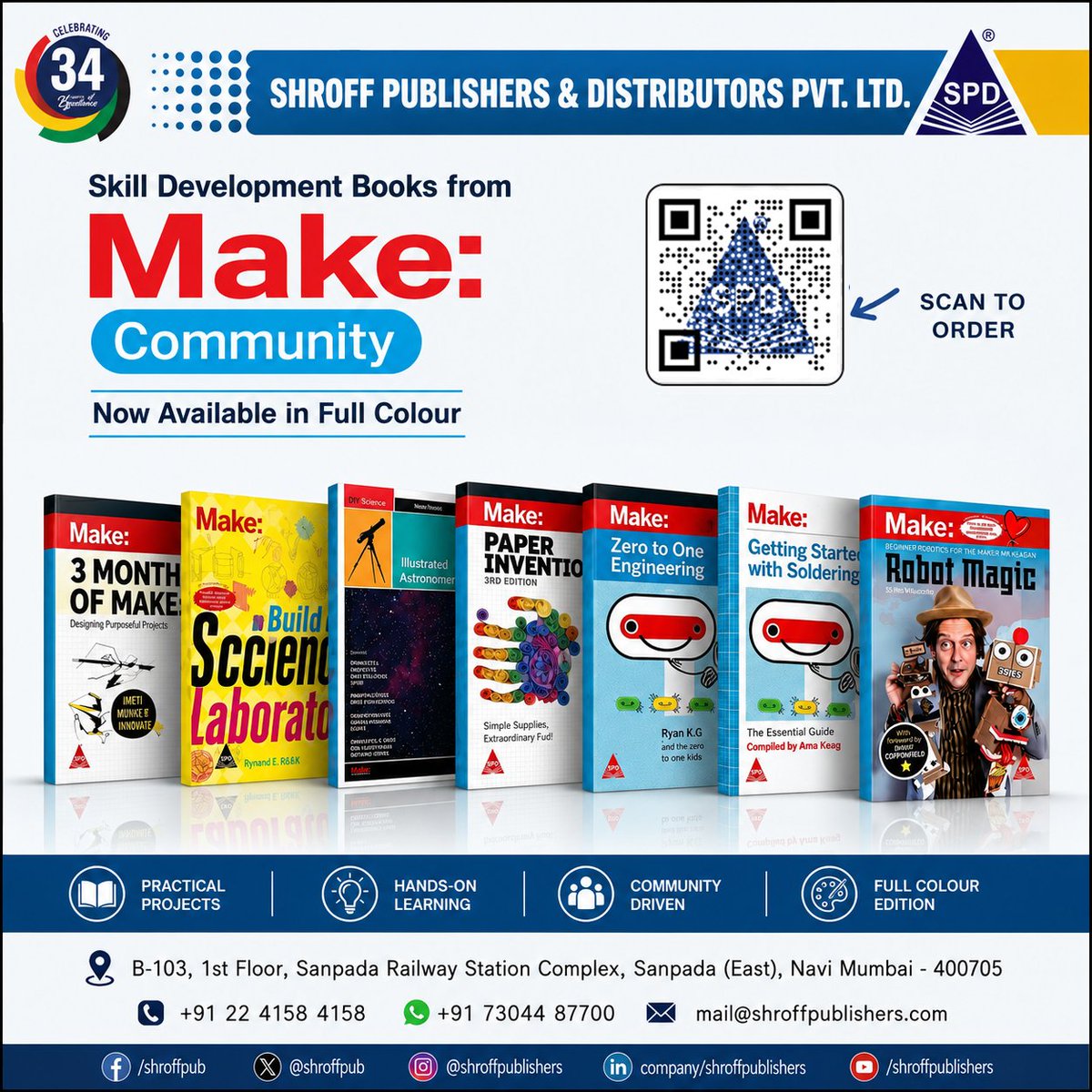 shroffpub's tweet photo. 📚 Shroff Publishers celebrates 34 years with vibrant new Make: Community books !
From labs 🔬 to robots 🤖, these guides spark creativity &amp; skill‑building.
✨ Hands‑on. Practical. Community driven.
👉 Scan &amp; order now — let’s MAKE something amazing https://t.co/NWKNZ3PV6e