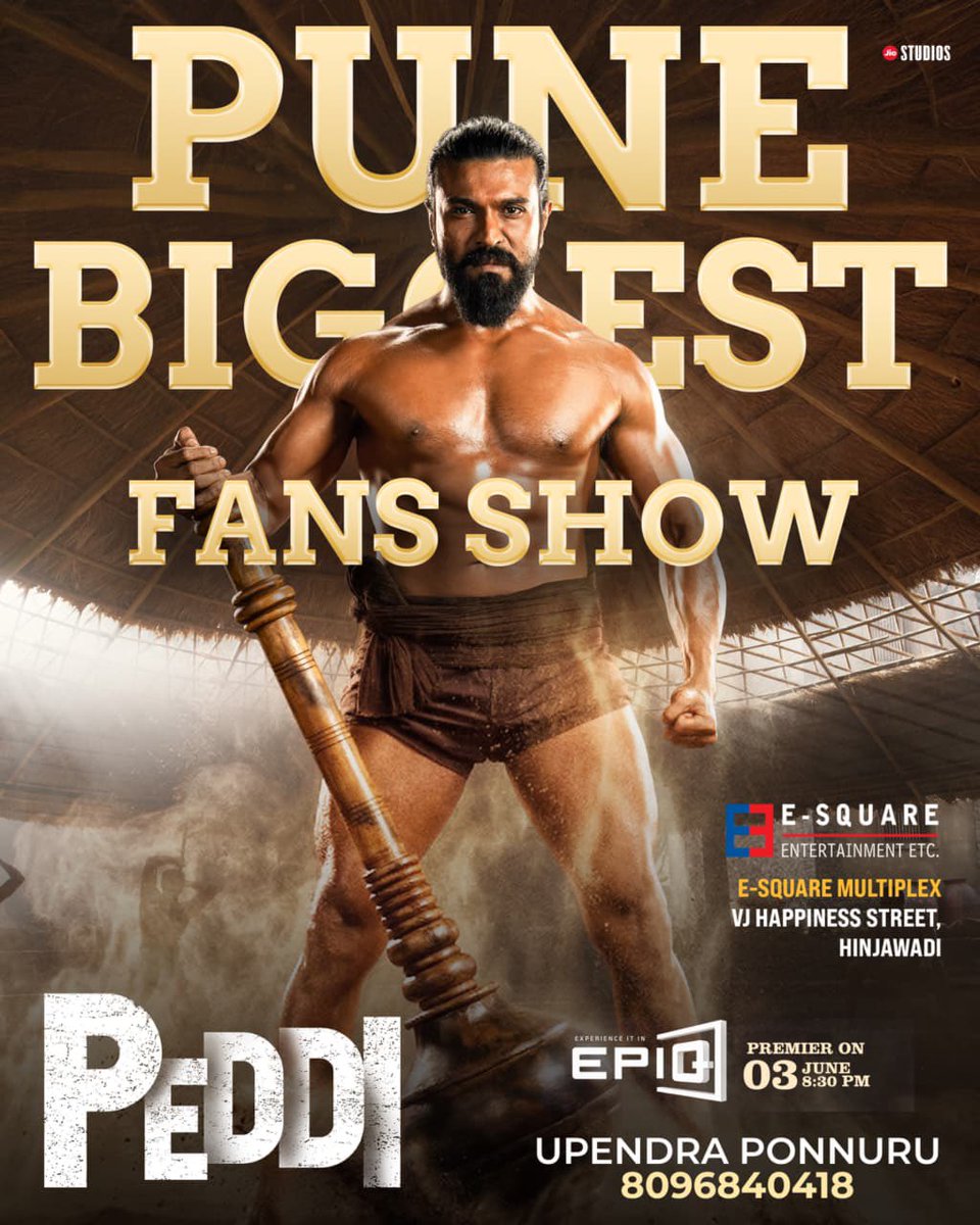 BangRCHaters's tweet photo. #PEDDI Premier Fans Show is arriving with PURE MASS CELEBRATIONS on JUNE 3RD ❤️‍🔥

📍 EPIQ Screen, E-Square Multiplex, Hinjawadi, Pune

For Tickets Contact : 80968 40418

@AlwaysRamCharan 🦁🔥 https://t.co/LyNbwR7Not