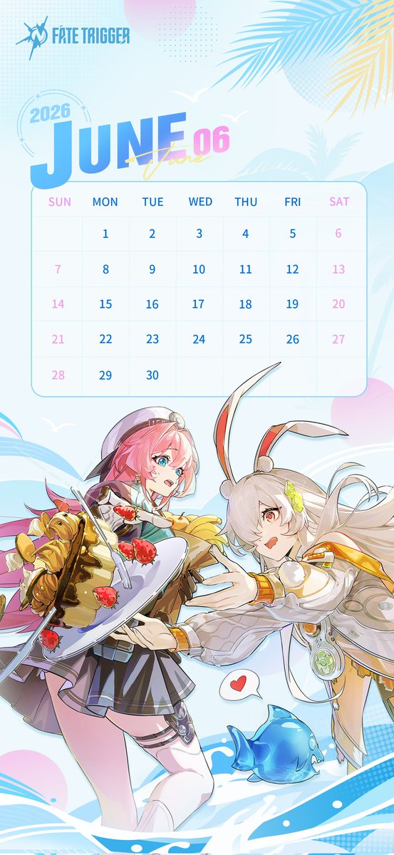 FateTrigger_ES's tweet photo. Calendario de Junio 

¡Un nuevo mes significa nuevas vibras de verano! 
Junio llega con la brisa de las olas del océano y las dulces y brillantes bebidas del comienzo del verano.
¡Vamos a disfrutar del sol!
🥵🎊
#FateTrigger #Junio #Calendario https://t.co/Y67UxkKM6e