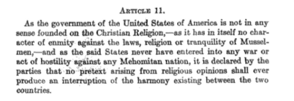 slycer2002's tweet photo. @kwasny007 @ScottPresler @MAGAMichelleS69 Article 11 of the Treaty of Tripoli, which ended the war with the Barbary pirates and was signed by Founding Father John Adams in 1797, clearly states the US was not founded as a Christian nation. https://t.co/GcDz6hMJ0H