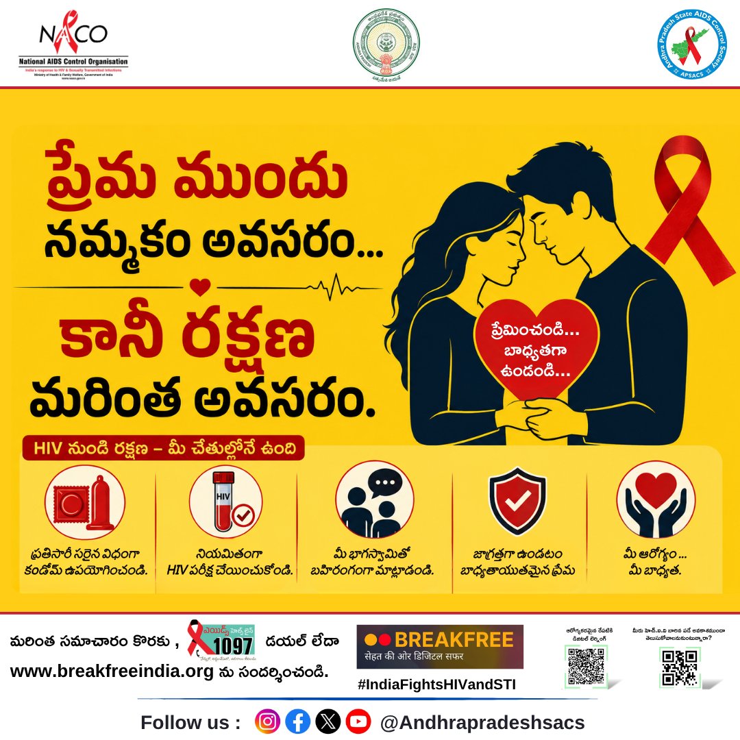 APSACS2020's tweet photo. ప్రేమ ముందు నమ్మకం అవసరం...
కానీ రక్షణ మరింత అవసరం.

ఆరోగ్యకరమైన సంబంధం అంటే ప్రేమతో పాటు బాధ్యత కూడా.
HIV మరియు STIలపై అవగాహన పెంచుకుని, సురక్షితమైన నిర్ణయాలు తీసుకోవడం ద్వారా మనల్ని మనం, మన భాగస్వామిని రక్షించుకోవచ్చు.

#APSACS
#IndiaFightsHIVandSTI https://t.co/XwOOfESHBU
