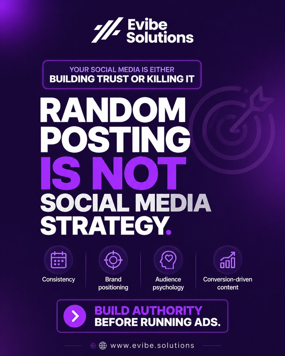 EvibeSolutions's tweet photo. Random posting creates noise. 
Strategic posting builds trust, authority, and leads.

Stop posting for the sake of posting. 
Start posting with purpose.

#socialmediastrategy #brandbuilding #digitalmarketing #evibesolutions #businessgrowth https://t.co/doKQu4DFTv