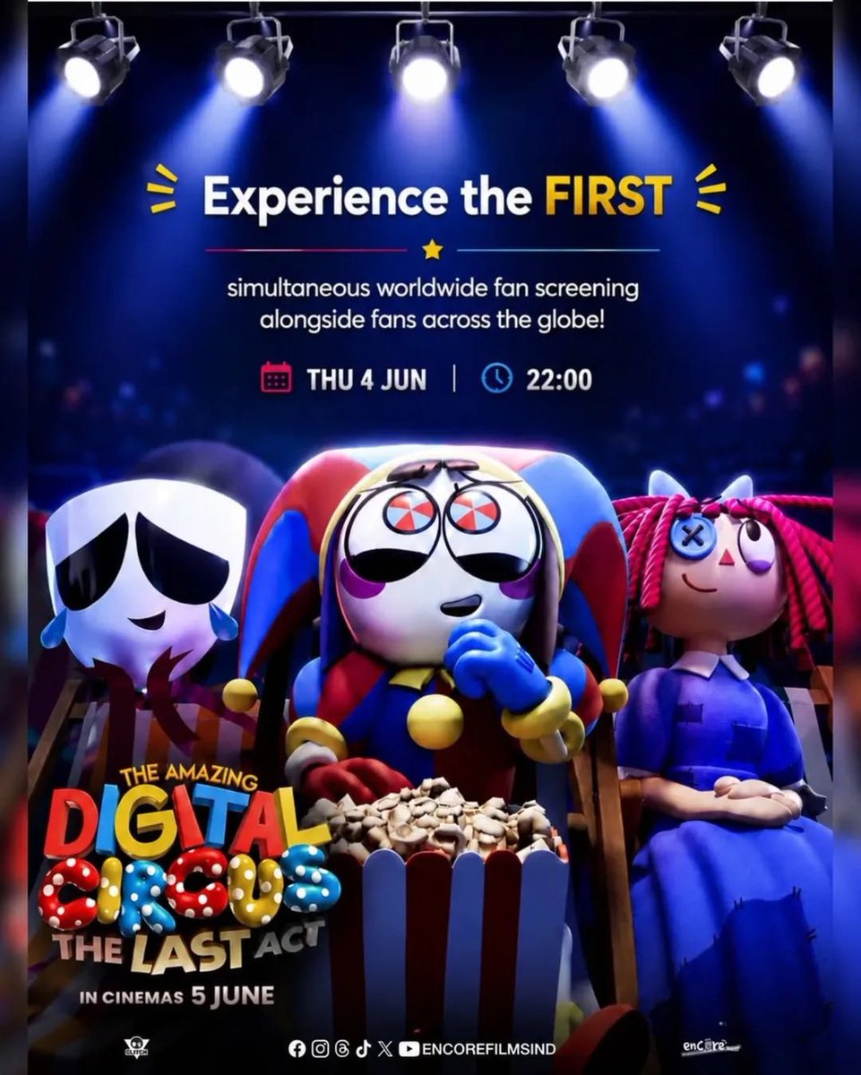 CGV_ID's tweet photo. Indonesia, kenapa screening-nya jam 22:00 malam?

Karena ini bukan screening biasa.

Pada KAMIS, 4 JUNI pukul 22.00 WIB, para fans di Indonesia akan bergabung dalam fan screening serentak pertama di seluruh dunia untuk The Amazing Digital Circus: The Last Act - menonton bersama fans dari berbagai negara pada waktu yang sama!

Tanpa spoiler. Tanpa menunggu!

Jadilah salah satu fans PERTAMA di dunia yang merasakan The Last Act di layar lebar🔥

Ini kesempatanmu untuk merasakan semua kekacauan, emosi, dan kejutan bersama fandom global - secara bersamaan. 

Indonesia, mari kita buat momen bersejarah ini jadi tak terlupakan.

Begadang bareng, ajak squad Digital Circus-mu, dan jadilah bagian dari momen fan screening global yang hanya terjadi satu malam saja.

17 KAMIS, 4 JUNI

22.00 WIB - Screening serentak di seluruh dunia.

Amankan tiketmu sekarang di app/web CGV sebelum menghilang ke dalam Digital Circus

#TheAmazingDigitalCircus #TheLastAct
#DigitalCircusID #IndonesiaFanScreening #SemuaSerudiCGV