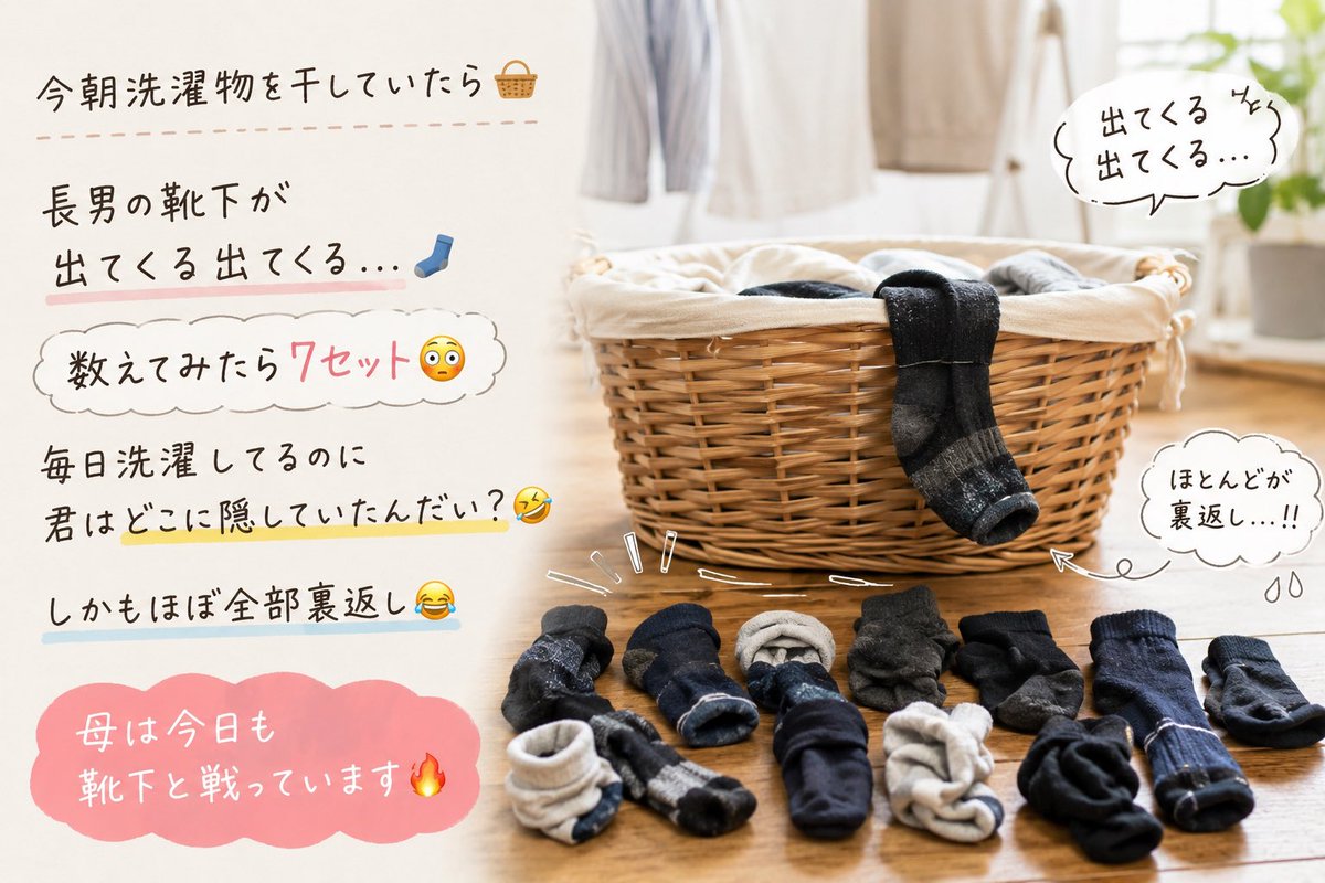 anne_popo746's tweet photo. 今朝洗濯物を確認しながら
洗濯機に入れてたら🧺

長男の靴下が次々発掘される🧦

1足、2足…
最終的に7セット🙄

毎日洗濯してるのに
君はどこに隠していたんだい？

しかもほぼ全部裏返し....

私は今日も
子ども達と向き合ってる🐰🔥

#3児ママ #子育てあるある #小学生男子 #洗濯 #ママの日常 https://t.co/ZXXwNCYqoJ