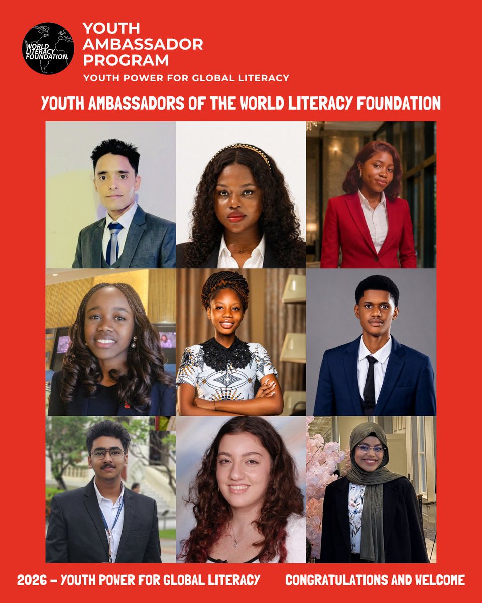 WorldLiteracy's tweet photo. Congratulations to all of the 2026 Youth Ambassadors, representing the World Literacy Foundation! Meet some of them!

#YouthAmbassadors #WorldLiteracy #youthpower  #FutureChangeMakers #ReadingChampions #GlobalCitizens #InspiringVoices https://t.co/f9tENnHZeE
