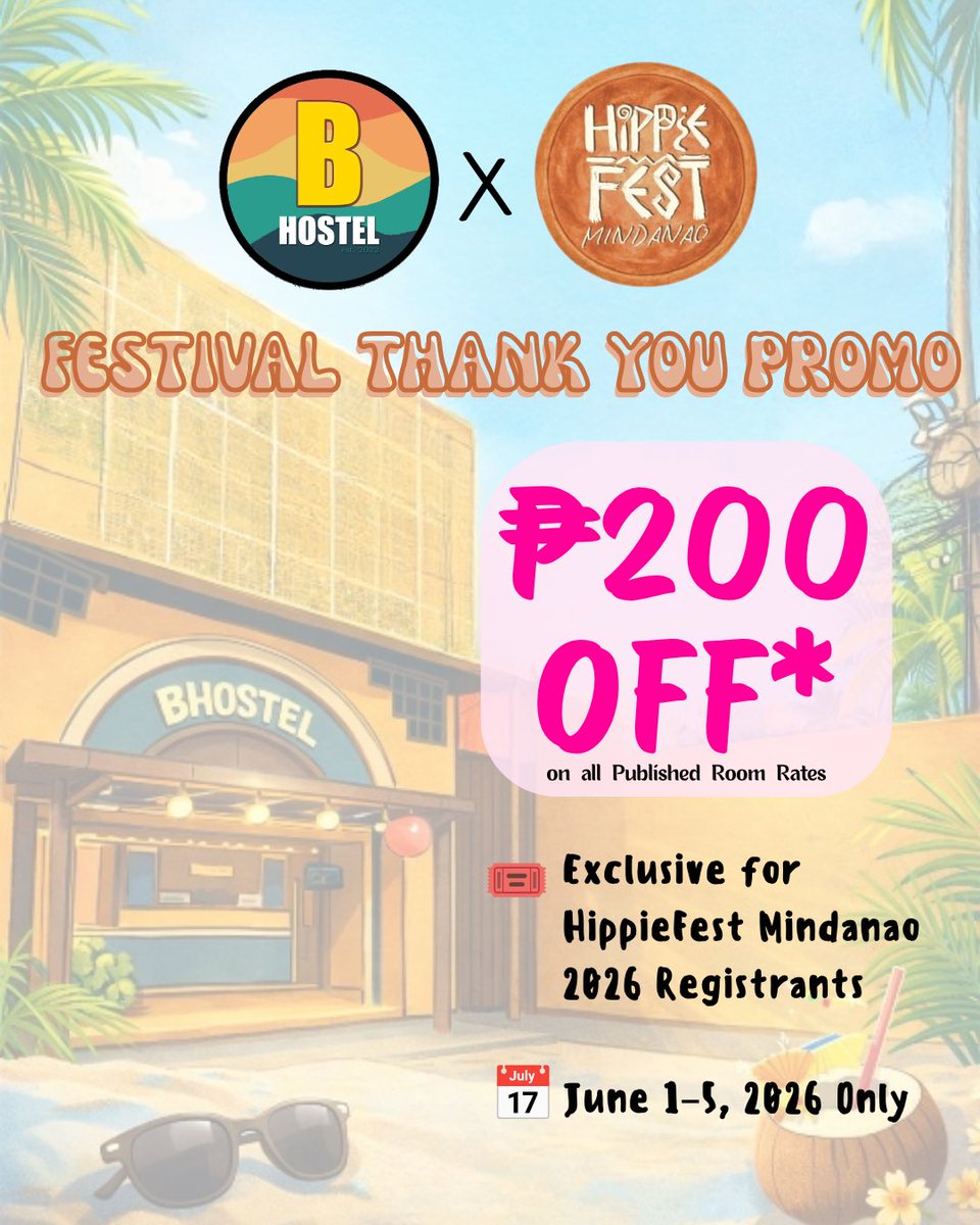 bbyb01's tweet photo. Still feeling the HippieFest vibes? ☮️🌈

Get ₱200 OFF on all published room rates at B. HOSTEL with proof of HippieFest Mindanao 2026 registration.

📅 June 1–5, 2026 only.

#HippieFestMindanao2026 #BHostel #CDO https://t.co/TL4z4FR9NR