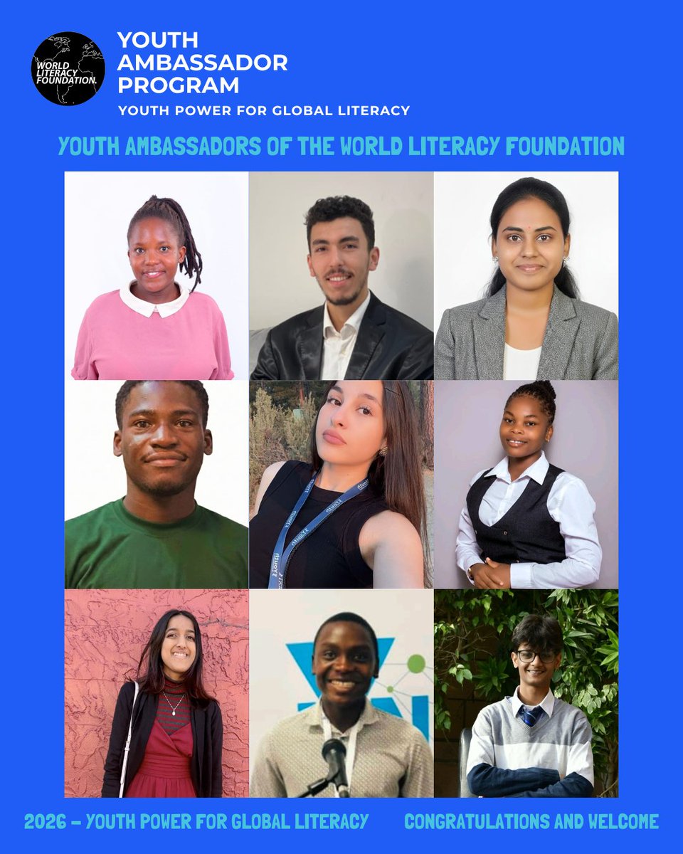 WorldLiteracy's tweet photo. Congratulations to all of the 2026 Youth Ambassadors, representing the World Literacy Foundation! Meet some of them!

#YouthAmbassadors #WorldLiteracy #youthpower  #FutureChangeMakers #ReadingChampions #GlobalCitizens #InspiringVoices https://t.co/f9tENnHZeE