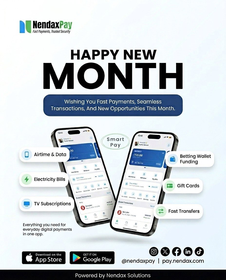 nendaxpay's tweet photo. Happy New Month from NendaxPay.

More wins.
More progress.
More seamless payments.

Wishing you a productive month ahead.

#HappyNewMonth #NendaxPay https://t.co/DWiMOQqRBL