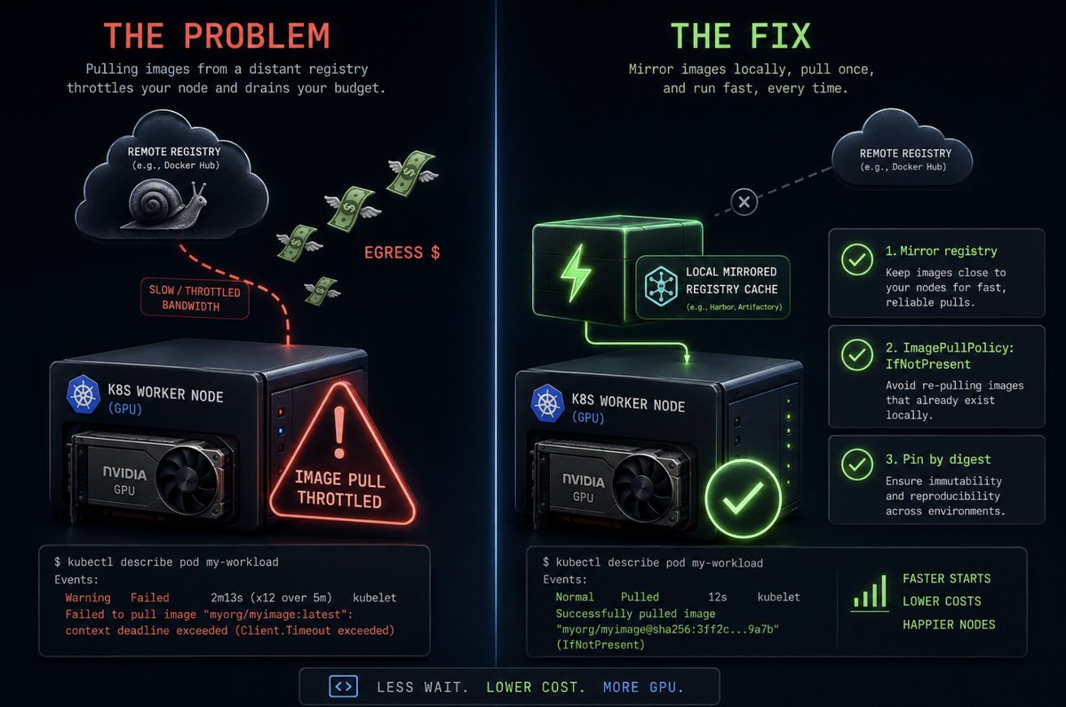 kubesimplify's tweet photo. Quick one:
Image pull throttling on AI worker nodes is the silent killer of cluster reliability.
Mirror your registry. 
Set ImagePullPolicy: IfNotPresent. 
Pin by digest.
Or pay the egress bill and explain to finance later. https://t.co/Nv7idqAKea