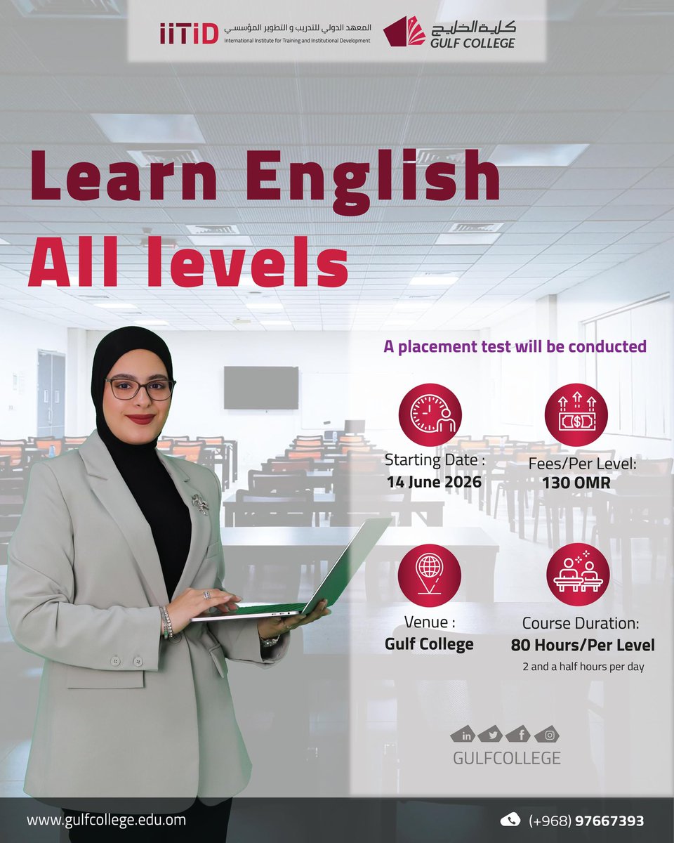 GulfCollege's tweet photo. تعلم اللغة الانجليزية جميع المستويات 
Learn English All levels 
.
.
#gulfcollege #muscat #oman
#كلية_الخليج #مسقط عمان https://t.co/vXiuatyN9w