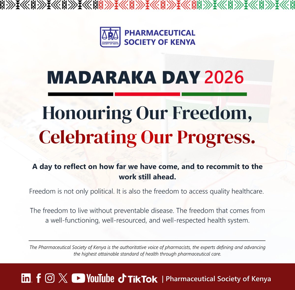 PSofKenya's tweet photo. The Pharmaceutical Society of Kenya wishes all our members, partners, and the people of Kenya a joyful Madaraka Day 2026.

May the spirit of freedom, service, and national pride inspire us in everything we do — in our practices, our communities, and our profession.

#PSK2026 https://t.co/6eGqifnfUC