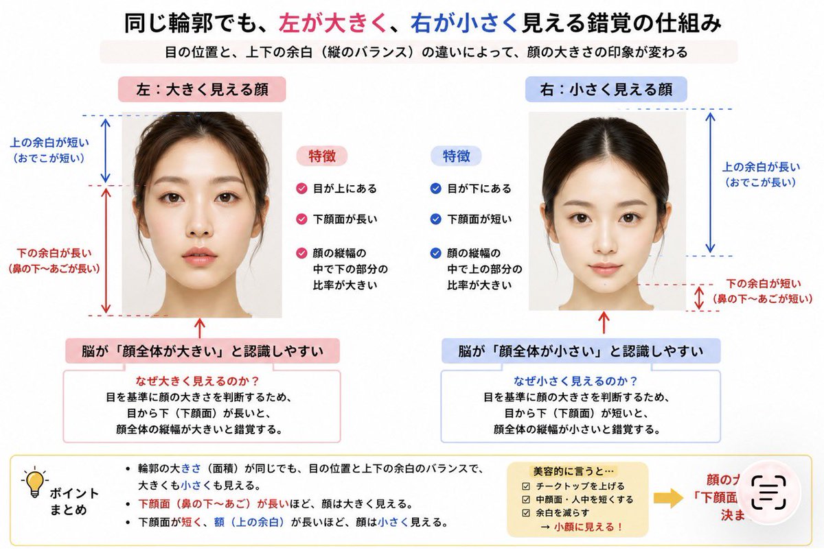 dr_omiomi's tweet photo. これには正解があります。
人間は顔を見るとき、目を基準に大きさを判断する傾向があります。

左の顔

目が顔の上方にある
顎までの距離が長い
下顔面が大きい

↓

脳は「顔全体が大きい」と認識しやすい

右の顔

目が顔の下方にある
額が長い
顎が小さい

↓

脳は「顔全体が小さい」「小顔」と認識しやすい

実際には外周が同じでも、

下顔面が長い → 顔が大きく見える
下顔面が短い → 顔が小さく見える

という認知バイアスが働きます。

これが美容外科でいう

中顔面短縮
人中短縮
チークトップを上げる
Vライン形成

が小顔に見える理由そのものです。
小顔に見えると垢抜けて見えます。

実際には、
正面から見た時の小顔感で特に重要なのは、ジョールファット・頬の脂肪・ナゾラビアルファットです。

この部分のボリュームが多いと、下顔面が横にも縦にも大きく見え、顔全体の余白が増えてしまいます。

一方で、

✅ ジョールファットを減らしてフェイスラインをシャープにする
✅ 頬のボリュームを適切に調整する
✅ ナゾラビアルファットをスッキリさせる
✅ チークトップを高く見せる

ことで、中顔面はコンパクトに、下顔面は骨格のラインが際立ちます。

つまり、

「下顔面は引き算、中顔面は位置を上げる」

この考え方によって、左の顔を右の顔に近づけることができます✨
