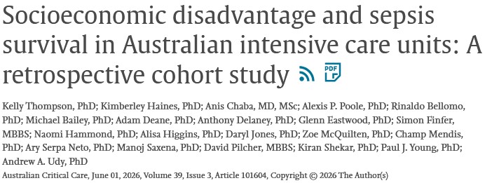 tpchlibrary's tweet photo. Congratulations to #TPCH's K. Shekar for their contribution to the publication "Socioeconomic disadvantage and sepsis survival in Australian intensive care units: A retrospective cohort study"
https://t.co/6FG6RZdJob https://t.co/SulKDgHJNE