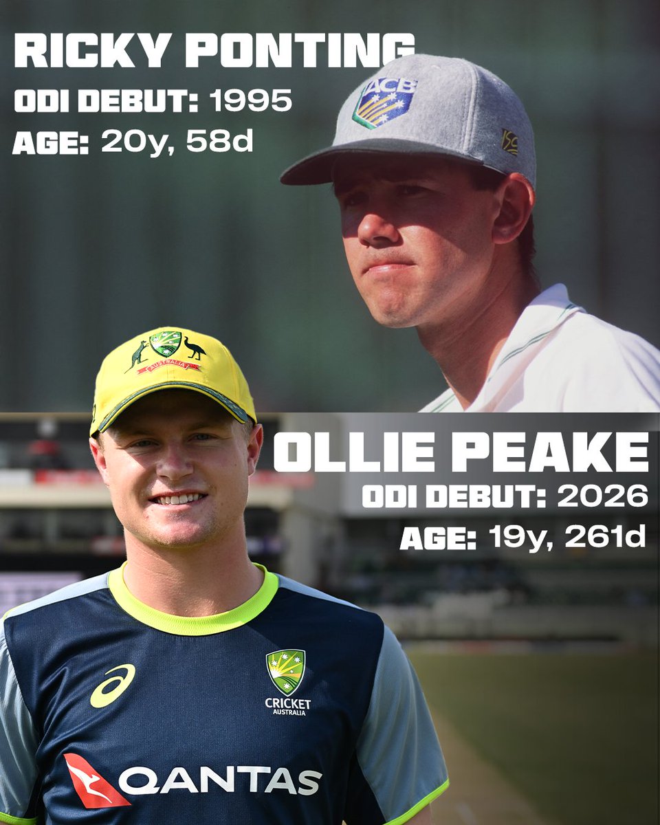 CricketAus's tweet photo. In doing so, Ollie Peake also overtook Ricky Ponting's record as the youngest specialist batter to debut for Australia in ODI cricket ⭐️ https://t.co/8c8TUS9tzf