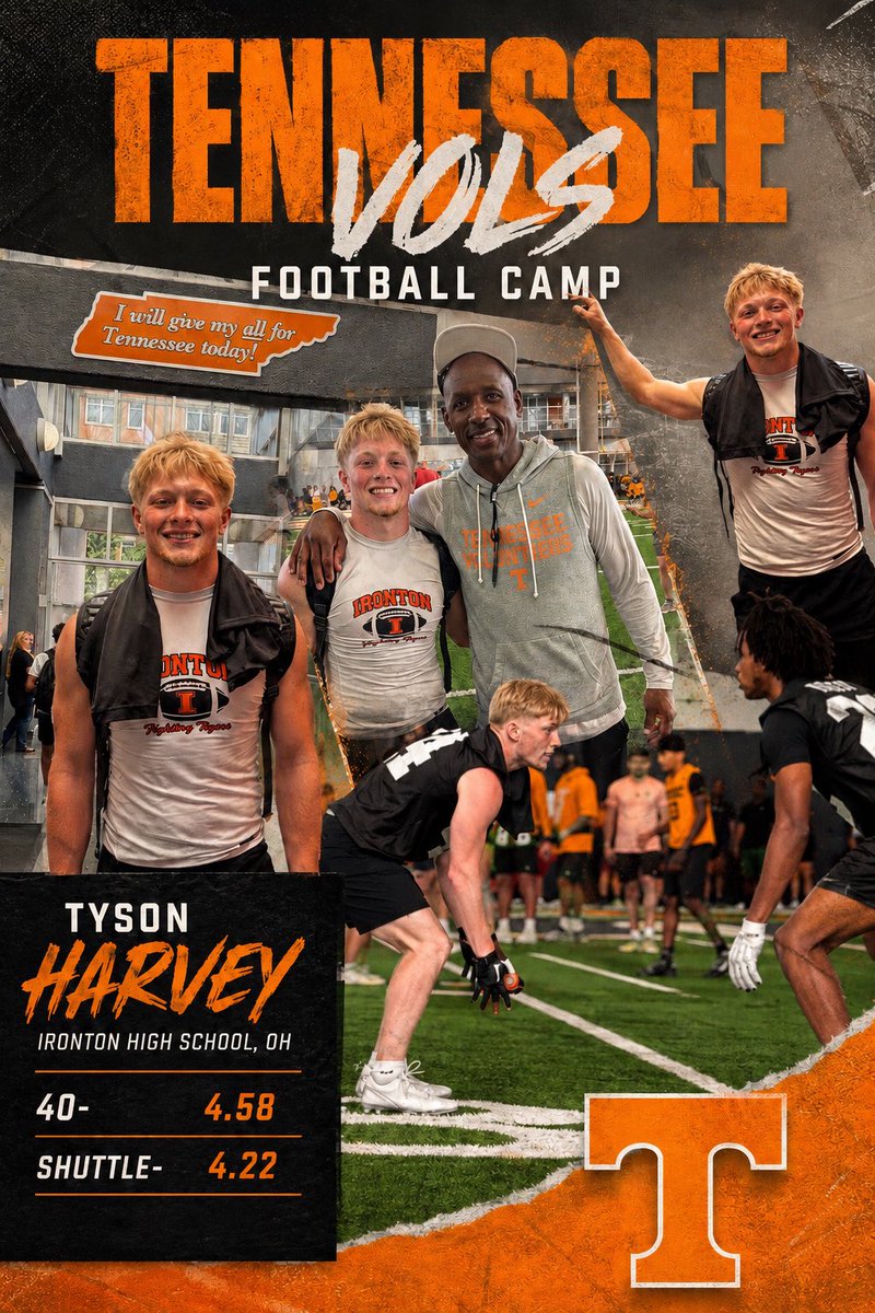 TysonHarvey20's tweet photo. Really enjoyed being on Rocky Top for @Vol_Football camp today &amp; talking with @Coachpoindexter &amp; @CoachJimKnowles about recruiting @FootballIronton #GBO 

https://t.co/nGXBjxRMka https://t.co/vkCM54P68j