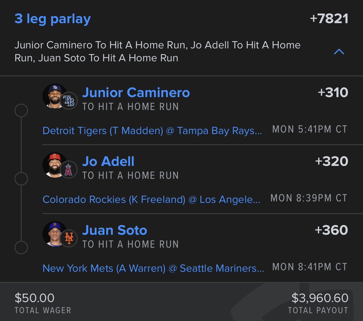 StatDrivenProps's tweet photo. here's my $3.9k home run parlay https://t.co/SOCBLzx8wx